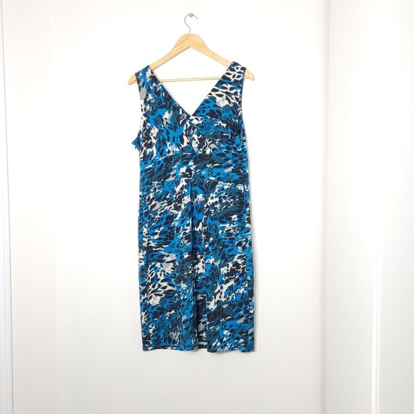 Ann Taylor Sleeveless Midi Dress V Neckline Stretch Leopard Print Blue Womens L - Picture 5 of 12